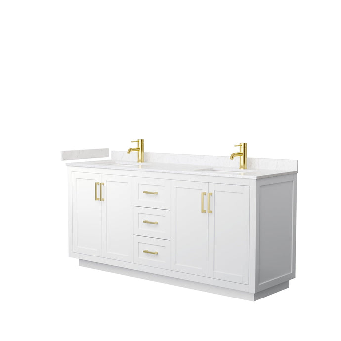 Wyndham Collection WCF292972DWGC2UNSMXX Miranda 72 Inch Double Bathroom Vanity in White, Light-Vein Carrara Cultured Marble Countertop, Undermount Square Sinks, Brushed Gold Trim