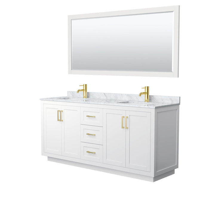 Wyndham Collection WCF292972DWGCMUNSM70 Miranda 72 Inch Double Bathroom Vanity in White, White Carrara Marble Countertop, Undermount Square Sinks, Brushed Gold Trim, 70 Inch Mirror