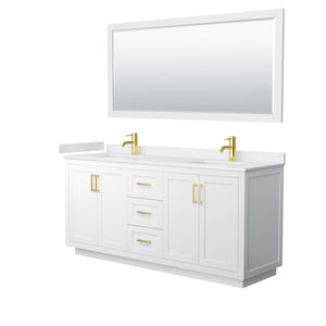 Wyndham Collection WCF292972DWGWCUNSM70 Miranda 72 Inch Double Bathroom Vanity in White, White Cultured Marble Countertop, Undermount Square Sinks, Brushed Gold Trim, 70 Inch Mirror