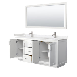 Wyndham Collection WCF292972DWHC2UNSM70 Miranda 72 Inch Double Bathroom Vanity in White, Light-Vein Carrara Cultured Marble Countertop, Undermount Square Sinks, Brushed Nickel Trim, 70 Inch Mirror