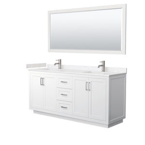 Wyndham Collection WCF292972DWHC2UNSM70 Miranda 72 Inch Double Bathroom Vanity in White, Light-Vein Carrara Cultured Marble Countertop, Undermount Square Sinks, Brushed Nickel Trim, 70 Inch Mirror