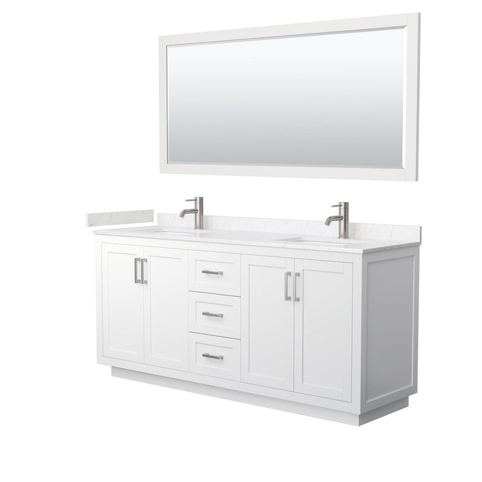 Wyndham Collection WCF292972DWHC2UNSM70 Miranda 72 Inch Double Bathroom Vanity in White, Light-Vein Carrara Cultured Marble Countertop, Undermount Square Sinks, Brushed Nickel Trim, 70 Inch Mirror