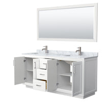 Load image into Gallery viewer, Wyndham Collection WCF292972DWHCMUNSM70 Miranda 72 Inch Double Bathroom Vanity in White, White Carrara Marble Countertop, Undermount Square Sinks, Brushed Nickel Trim, 70 Inch Mirror