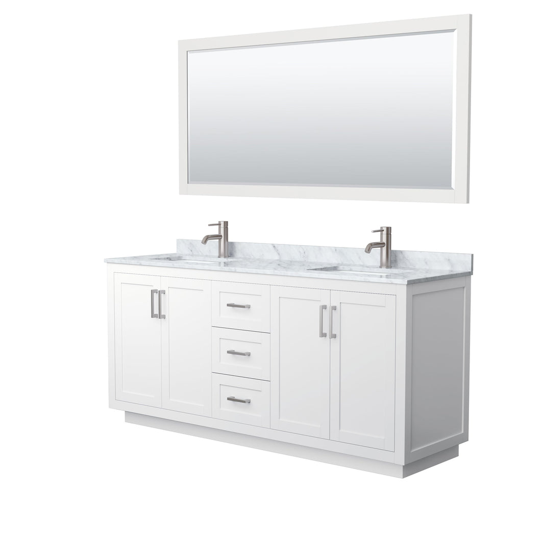 Wyndham Collection WCF292972DWHCMUNSM70 Miranda 72 Inch Double Bathroom Vanity in White, White Carrara Marble Countertop, Undermount Square Sinks, Brushed Nickel Trim, 70 Inch Mirror