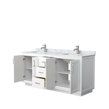 Load image into Gallery viewer, Wyndham Collection WCF292972DWHCMUNSMXX Miranda 72 Inch Double Bathroom Vanity in White, White Carrara Marble Countertop, Undermount Square Sinks, Brushed Nickel Trim
