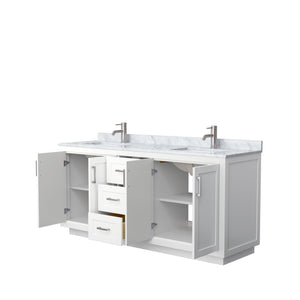 Wyndham Collection WCF292972DWHCMUNSMXX Miranda 72 Inch Double Bathroom Vanity in White, White Carrara Marble Countertop, Undermount Square Sinks, Brushed Nickel Trim
