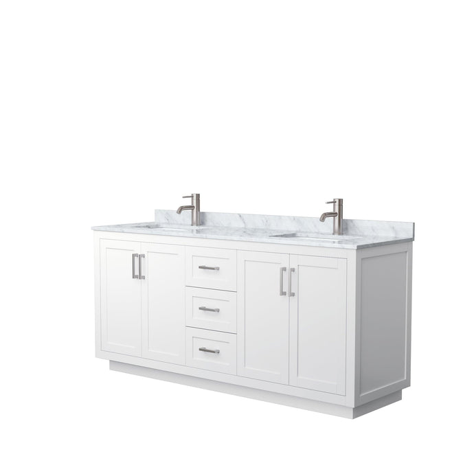 Wyndham Collection WCF292972DWHCMUNSMXX Miranda 72 Inch Double Bathroom Vanity in White, White Carrara Marble Countertop, Undermount Square Sinks, Brushed Nickel Trim