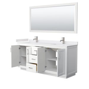 Wyndham Collection WCF292972DWHWCUNSM70 Miranda 72 Inch Double Bathroom Vanity in White, White Cultured Marble Countertop, Undermount Square Sinks, Brushed Nickel Trim, 70 Inch Mirror