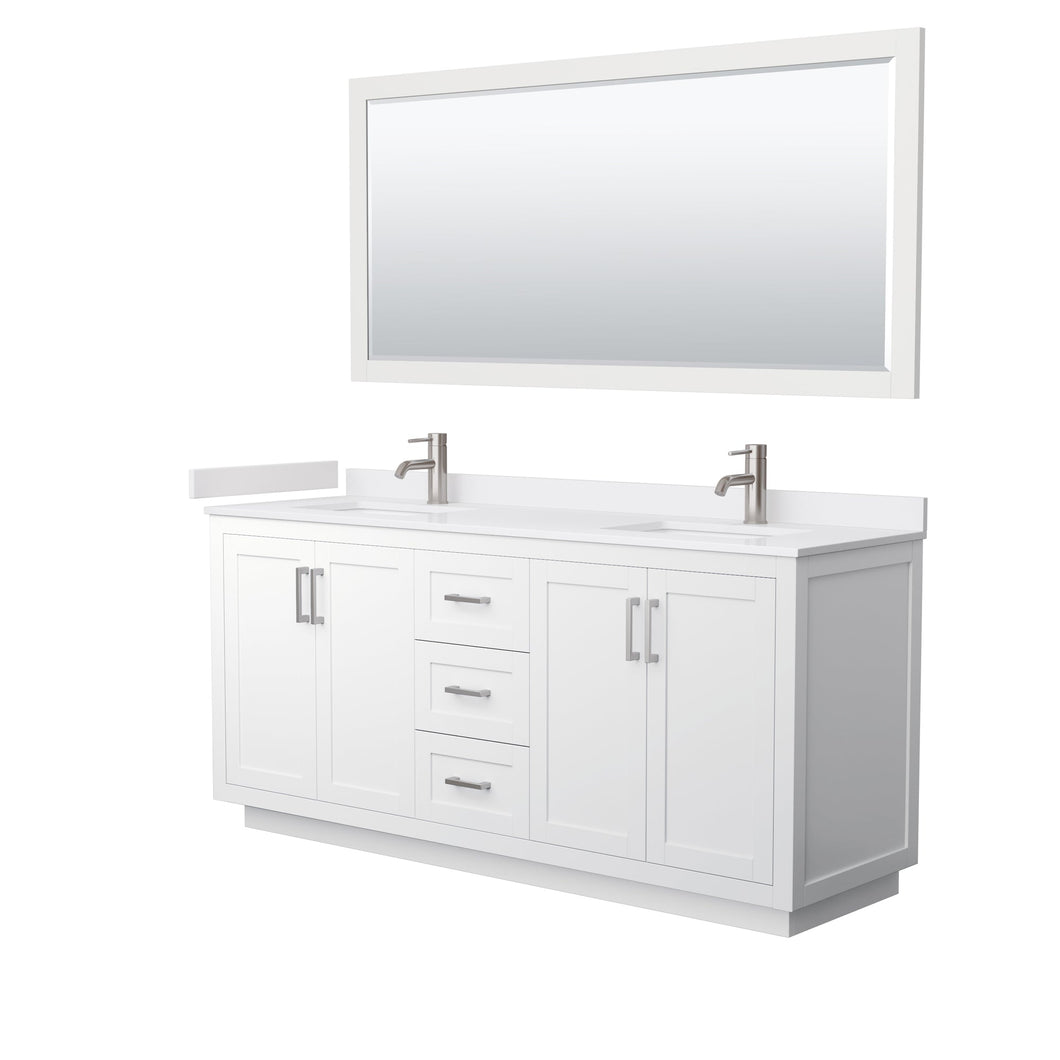 Wyndham Collection WCF292972DWHWCUNSM70 Miranda 72 Inch Double Bathroom Vanity in White, White Cultured Marble Countertop, Undermount Square Sinks, Brushed Nickel Trim, 70 Inch Mirror