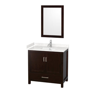 Wyndham Collection WCS141436SESC2UNSM24 Sheffield 36 Inch Single Bathroom Vanity in Espresso, Carrara Cultured Marble Countertop, Undermount Square Sink, 24 Inch Mirror