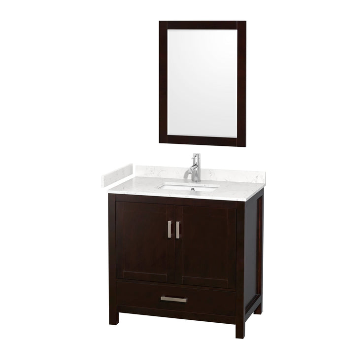 Wyndham Collection WCS141436SESC2UNSM24 Sheffield 36 Inch Single Bathroom Vanity in Espresso, Carrara Cultured Marble Countertop, Undermount Square Sink, 24 Inch Mirror