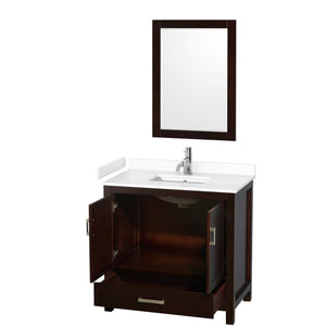 Wyndham Collection WCS141436SESWCUNSM24 Sheffield 36 Inch Single Bathroom Vanity in Espresso, White Cultured Marble Countertop, Undermount Square Sink, 24 Inch Mirror
