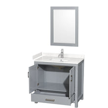 Load image into Gallery viewer, Wyndham Collection WCS141436SGYC2UNSM24 Sheffield 36 Inch Single Bathroom Vanity in Gray, Carrara Cultured Marble Countertop, Undermount Square Sink, 24 Inch Mirror