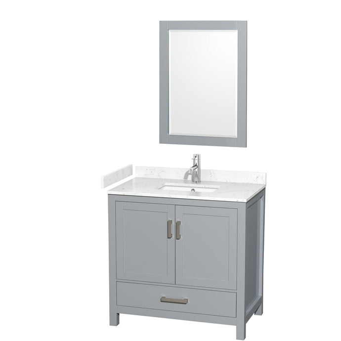 Wyndham Collection WCS141436SGYC2UNSM24 Sheffield 36 Inch Single Bathroom Vanity in Gray, Carrara Cultured Marble Countertop, Undermount Square Sink, 24 Inch Mirror