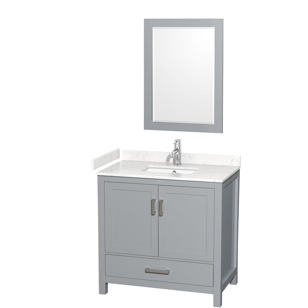 Wyndham Collection WCS141436SGYC2UNSM24 Sheffield 36 Inch Single Bathroom Vanity in Gray, Carrara Cultured Marble Countertop, Undermount Square Sink, 24 Inch Mirror