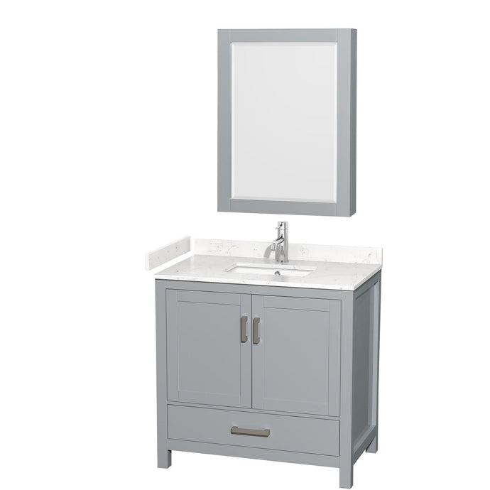 Wyndham Collection WCS141436SGYC2UNSMED Sheffield 36 Inch Single Bathroom Vanity in Gray, Carrara Cultured Marble Countertop, Undermount Square Sink, Medicine Cabinet