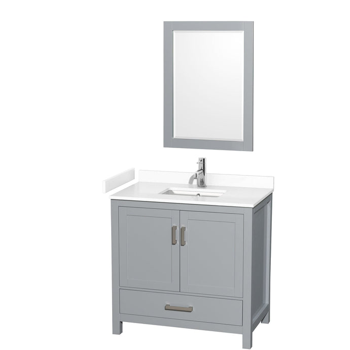 Wyndham Collection WCS141436SGYWCUNSM24 Sheffield 36 Inch Single Bathroom Vanity in Gray, White Cultured Marble Countertop, Undermount Square Sink, 24 Inch Mirror
