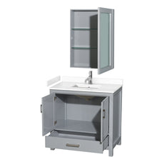 Load image into Gallery viewer, Wyndham Collection WCS141436SGYWCUNSMED Sheffield 36 Inch Single Bathroom Vanity in Gray, White Cultured Marble Countertop, Undermount Square Sink, Medicine Cabinet