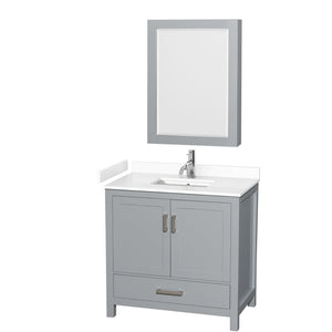 Wyndham Collection WCS141436SGYWCUNSMED Sheffield 36 Inch Single Bathroom Vanity in Gray, White Cultured Marble Countertop, Undermount Square Sink, Medicine Cabinet