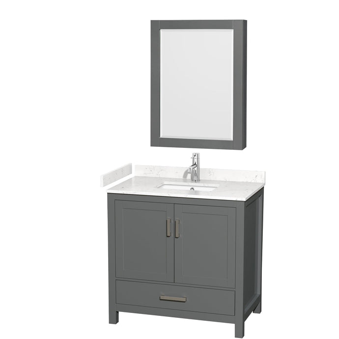 Wyndham Collection WCS141436SKGC2UNSMED Sheffield 36 Inch Single Bathroom Vanity in Dark Gray, Carrara Cultured Marble Countertop, Undermount Square Sink, Medicine Cabinet