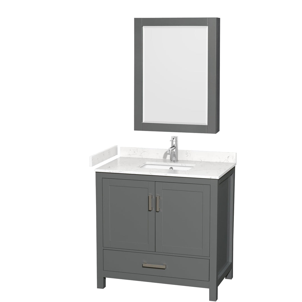 Wyndham Collection WCS141436SKGC2UNSMED Sheffield 36 Inch Single Bathroom Vanity in Dark Gray, Carrara Cultured Marble Countertop, Undermount Square Sink, Medicine Cabinet