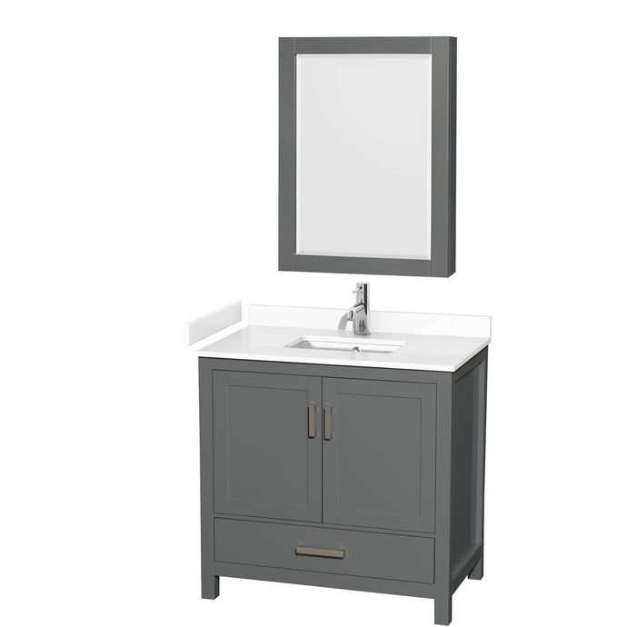 Wyndham Collection WCS141436SKGWCUNSMED Sheffield 36 Inch Single Bathroom Vanity in Dark Gray, White Cultured Marble Countertop, Undermount Square Sink, Medicine Cabinet