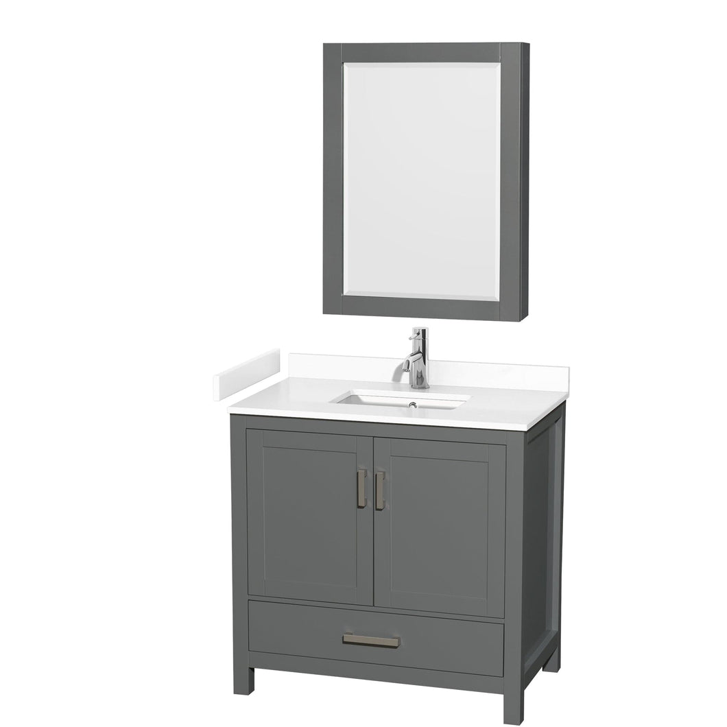 Wyndham Collection WCS141436SKGWCUNSMED Sheffield 36 Inch Single Bathroom Vanity in Dark Gray, White Cultured Marble Countertop, Undermount Square Sink, Medicine Cabinet