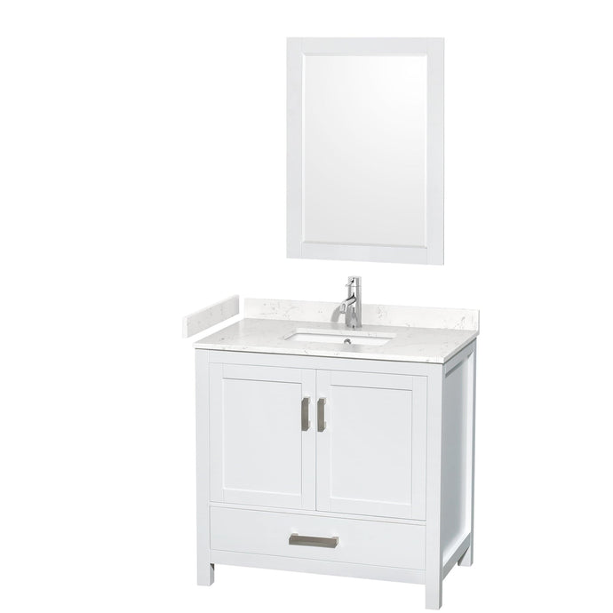 Wyndham Collection WCS141436SWHC2UNSM24 Sheffield 36 Inch Single Bathroom Vanity in White, Carrara Cultured Marble Countertop, Undermount Square Sink, 24 Inch Mirror