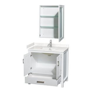 Wyndham Collection WCS141436SWHC2UNSMED Sheffield 36 Inch Single Bathroom Vanity in White, Carrara Cultured Marble Countertop, Undermount Square Sink, Medicine Cabinet