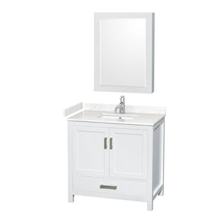 Wyndham Collection WCS141436SWHC2UNSMED Sheffield 36 Inch Single Bathroom Vanity in White, Carrara Cultured Marble Countertop, Undermount Square Sink, Medicine Cabinet
