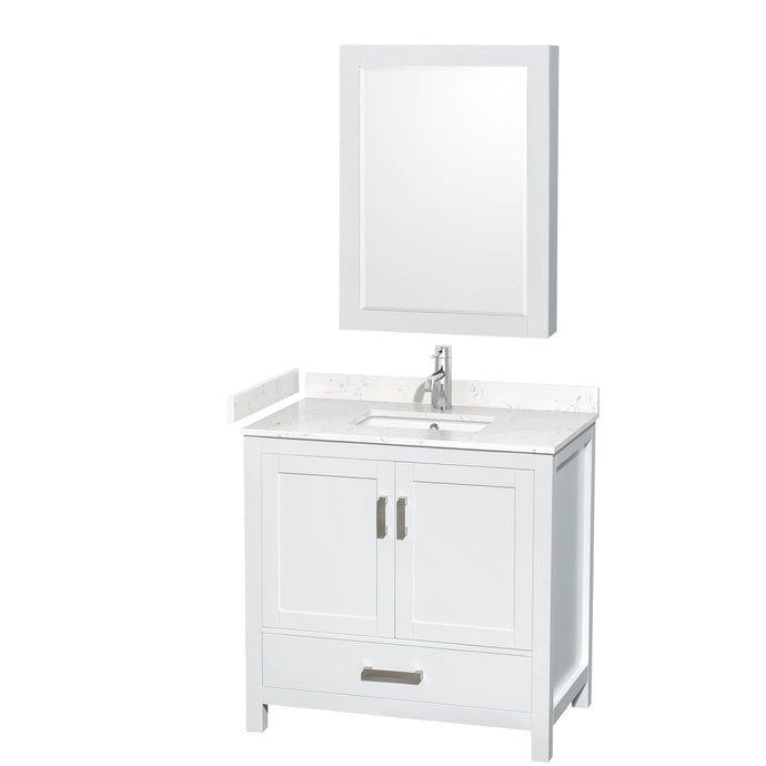 Wyndham Collection WCS141436SWHC2UNSMED Sheffield 36 Inch Single Bathroom Vanity in White, Carrara Cultured Marble Countertop, Undermount Square Sink, Medicine Cabinet