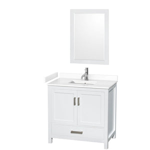 Wyndham Collection WCS141436SWHWCUNSM24 Sheffield 36 Inch Single Bathroom Vanity in White, White Cultured Marble Countertop, Undermount Square Sink, 24 Inch Mirror