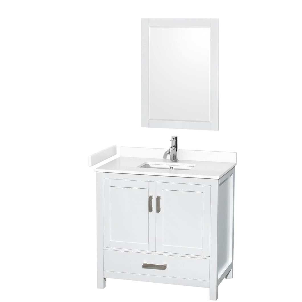 Wyndham Collection WCS141436SWHWCUNSM24 Sheffield 36 Inch Single Bathroom Vanity in White, White Cultured Marble Countertop, Undermount Square Sink, 24 Inch Mirror