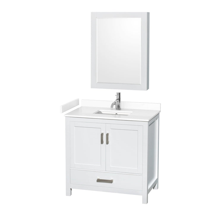 Wyndham Collection WCS141436SWHWCUNSMED Sheffield 36 Inch Single Bathroom Vanity in White, White Cultured Marble Countertop, Undermount Square Sink, Medicine Cabinet