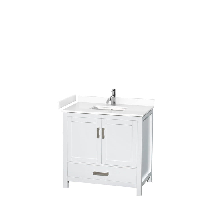 Wyndham Collection WCS141436SWHWCUNSMXX Sheffield 36 Inch Single Bathroom Vanity in White, White Cultured Marble Countertop, Undermount Square Sink, No Mirror