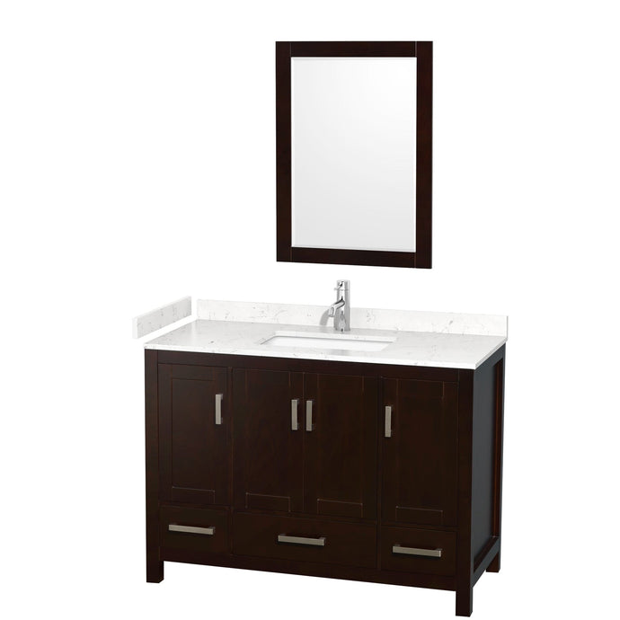 Wyndham Collection WCS141448SESC2UNSM24 Sheffield 48 Inch Single Bathroom Vanity in Espresso, Carrara Cultured Marble Countertop, Undermount Square Sink, 24 Inch Mirror