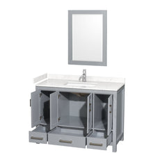 Load image into Gallery viewer, Wyndham Collection WCS141448SGYC2UNSM24 Sheffield 48 Inch Single Bathroom Vanity in Gray, Carrara Cultured Marble Countertop, Undermount Square Sink, 24 Inch Mirror