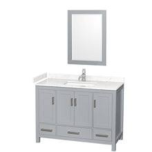 Load image into Gallery viewer, Wyndham Collection WCS141448SGYC2UNSM24 Sheffield 48 Inch Single Bathroom Vanity in Gray, Carrara Cultured Marble Countertop, Undermount Square Sink, 24 Inch Mirror
