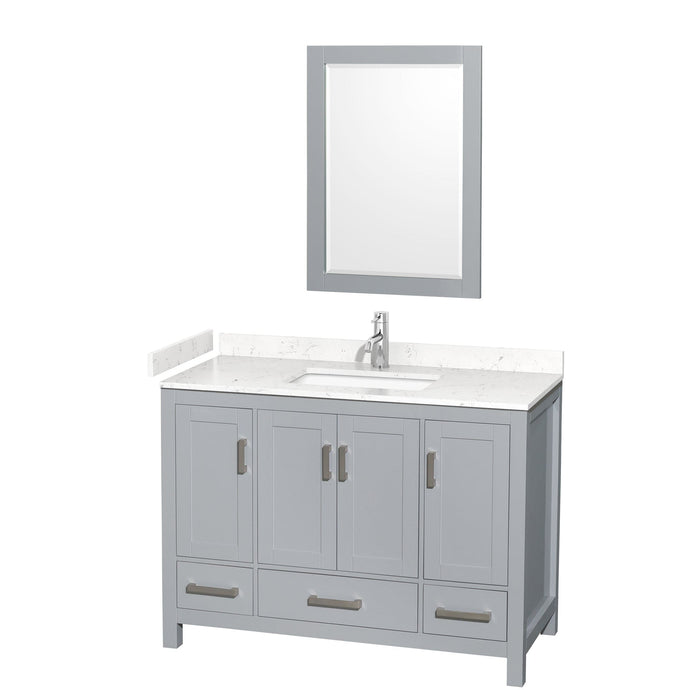 Wyndham Collection WCS141448SGYC2UNSM24 Sheffield 48 Inch Single Bathroom Vanity in Gray, Carrara Cultured Marble Countertop, Undermount Square Sink, 24 Inch Mirror