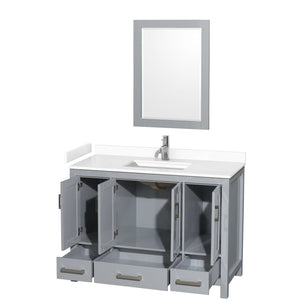 Wyndham Collection WCS141448SGYWCUNSM24 Sheffield 48 Inch Single Bathroom Vanity in Gray, White Cultured Marble Countertop, Undermount Square Sink, 24 Inch Mirror