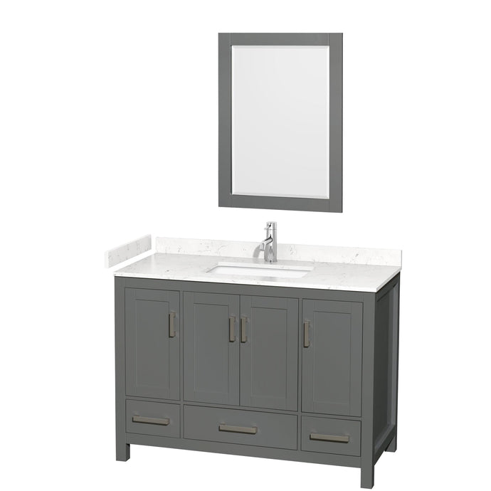 Wyndham Collection WCS141448SKGC2UNSM24 Sheffield 48 Inch Single Bathroom Vanity in Dark Gray, Carrara Cultured Marble Countertop, Undermount Square Sink, 24 Inch Mirror