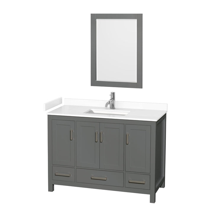 Wyndham Collection WCS141448SKGWCUNSM24 Sheffield 48 Inch Single Bathroom Vanity in Dark Gray, White Cultured Marble Countertop, Undermount Square Sink, 24 Inch Mirror