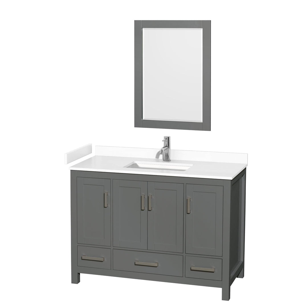 Wyndham Collection WCS141448SKGWCUNSM24 Sheffield 48 Inch Single Bathroom Vanity in Dark Gray, White Cultured Marble Countertop, Undermount Square Sink, 24 Inch Mirror