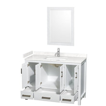 Load image into Gallery viewer, Wyndham Collection WCS141448SWHC2UNSM24 Sheffield 48 Inch Single Bathroom Vanity in White, Carrara Cultured Marble Countertop, Undermount Square Sink, 24 Inch Mirror