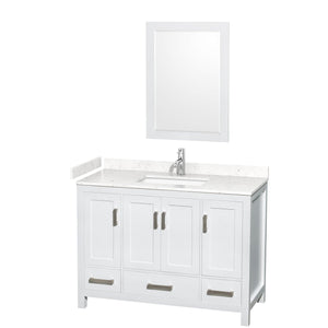 Wyndham Collection WCS141448SWHC2UNSM24 Sheffield 48 Inch Single Bathroom Vanity in White, Carrara Cultured Marble Countertop, Undermount Square Sink, 24 Inch Mirror
