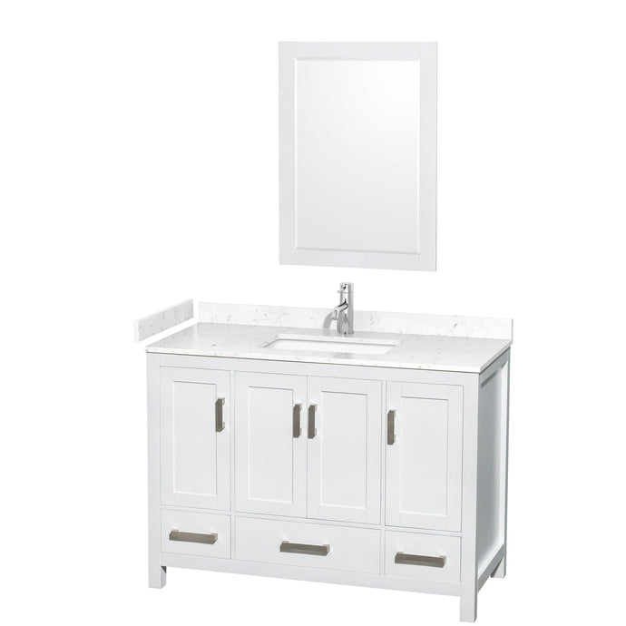 Wyndham Collection WCS141448SWHC2UNSM24 Sheffield 48 Inch Single Bathroom Vanity in White, Carrara Cultured Marble Countertop, Undermount Square Sink, 24 Inch Mirror