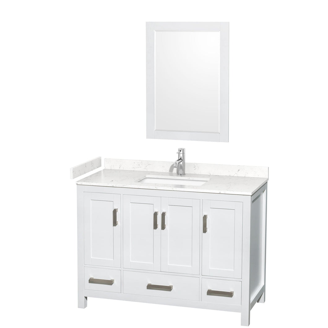 Wyndham Collection WCS141448SWHC2UNSM24 Sheffield 48 Inch Single Bathroom Vanity in White, Carrara Cultured Marble Countertop, Undermount Square Sink, 24 Inch Mirror