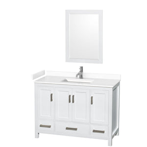 Wyndham Collection WCS141448SWHWCUNSM24 Sheffield 48 Inch Single Bathroom Vanity in White, White Cultured Marble Countertop, Undermount Square Sink, 24 Inch Mirror
