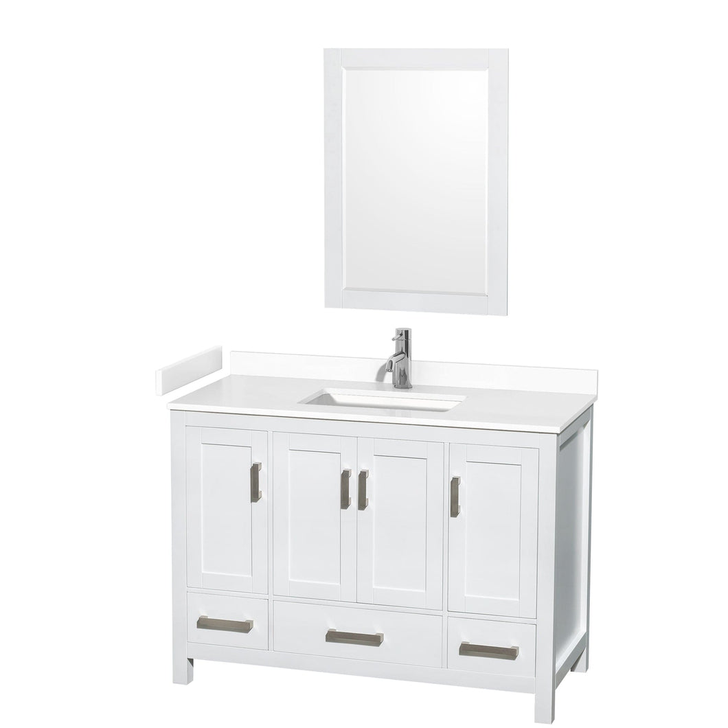 Wyndham Collection WCS141448SWHWCUNSM24 Sheffield 48 Inch Single Bathroom Vanity in White, White Cultured Marble Countertop, Undermount Square Sink, 24 Inch Mirror