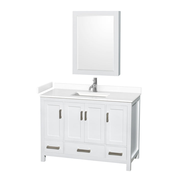 Wyndham Collection WCS141448SWHWCUNSMED Sheffield 48 Inch Single Bathroom Vanity in White, White Cultured Marble Countertop, Undermount Square Sink, Medicine Cabinet
